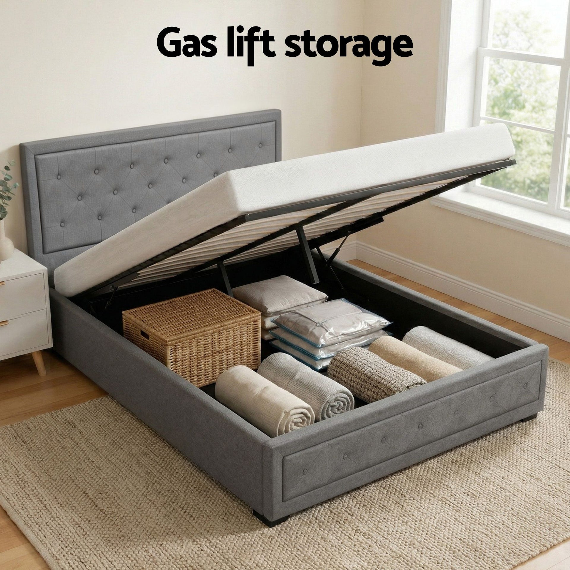 Artiss Upholstered Queen Gas Lift Storage Bed Frame with 2-Drawer Bedside Table Set Awezingly