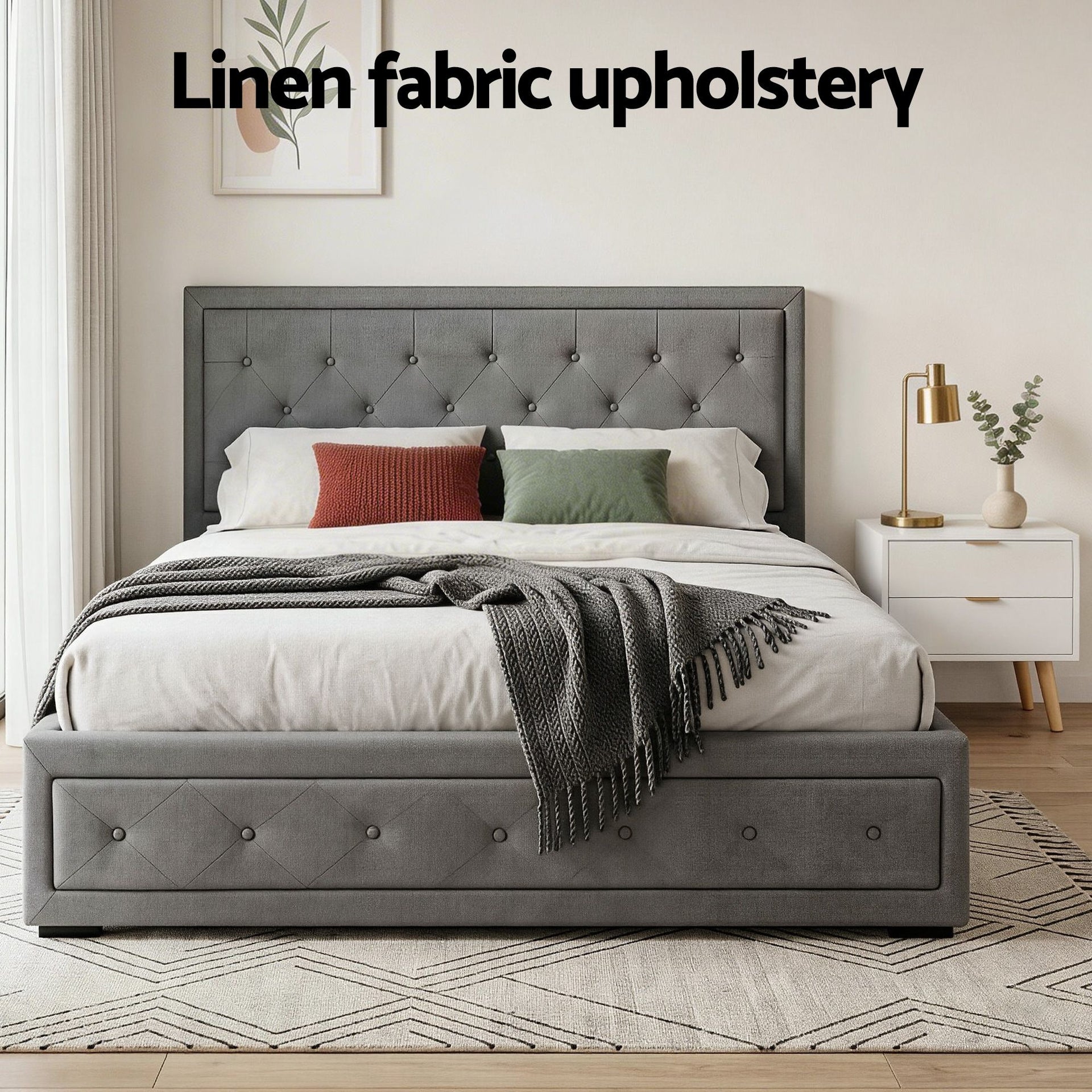 Artiss Upholstered Queen Gas Lift Storage Bed Frame with 2-Drawer Bedside Table Set Awezingly