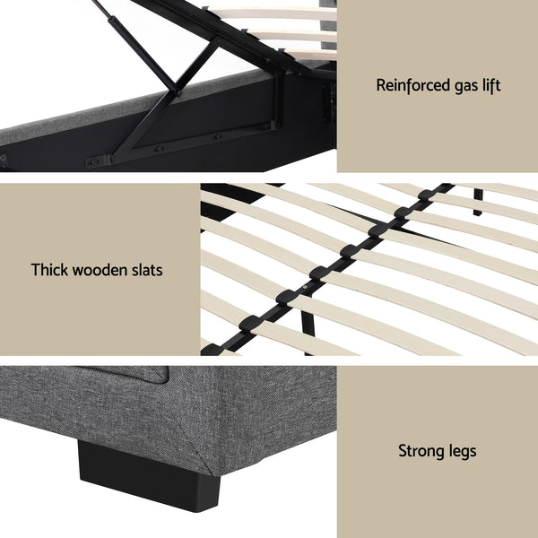 Artiss Upholstered Queen Gas Lift Storage Bed Frame with 2-Drawer Bedside Table Set Awezingly
