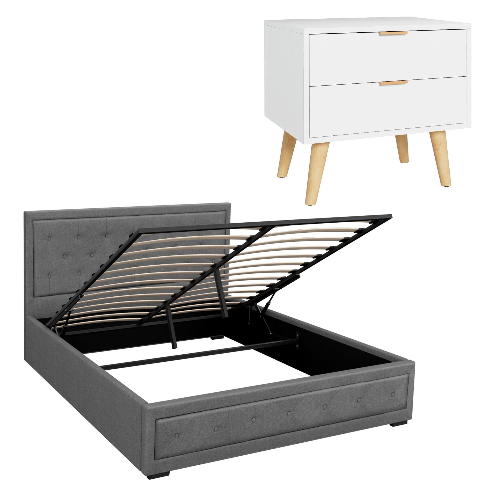Artiss Upholstered Queen Gas Lift Storage Bed Frame with 2-Drawer Bedside Table Set Awezingly