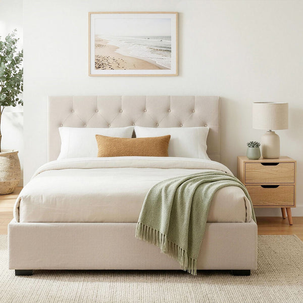 Artiss Double Bed Frame with Storage and Bedside Table Set Tufted Linen Gas Lift Bed Base and 2-Drawer Nightstand Awezingly