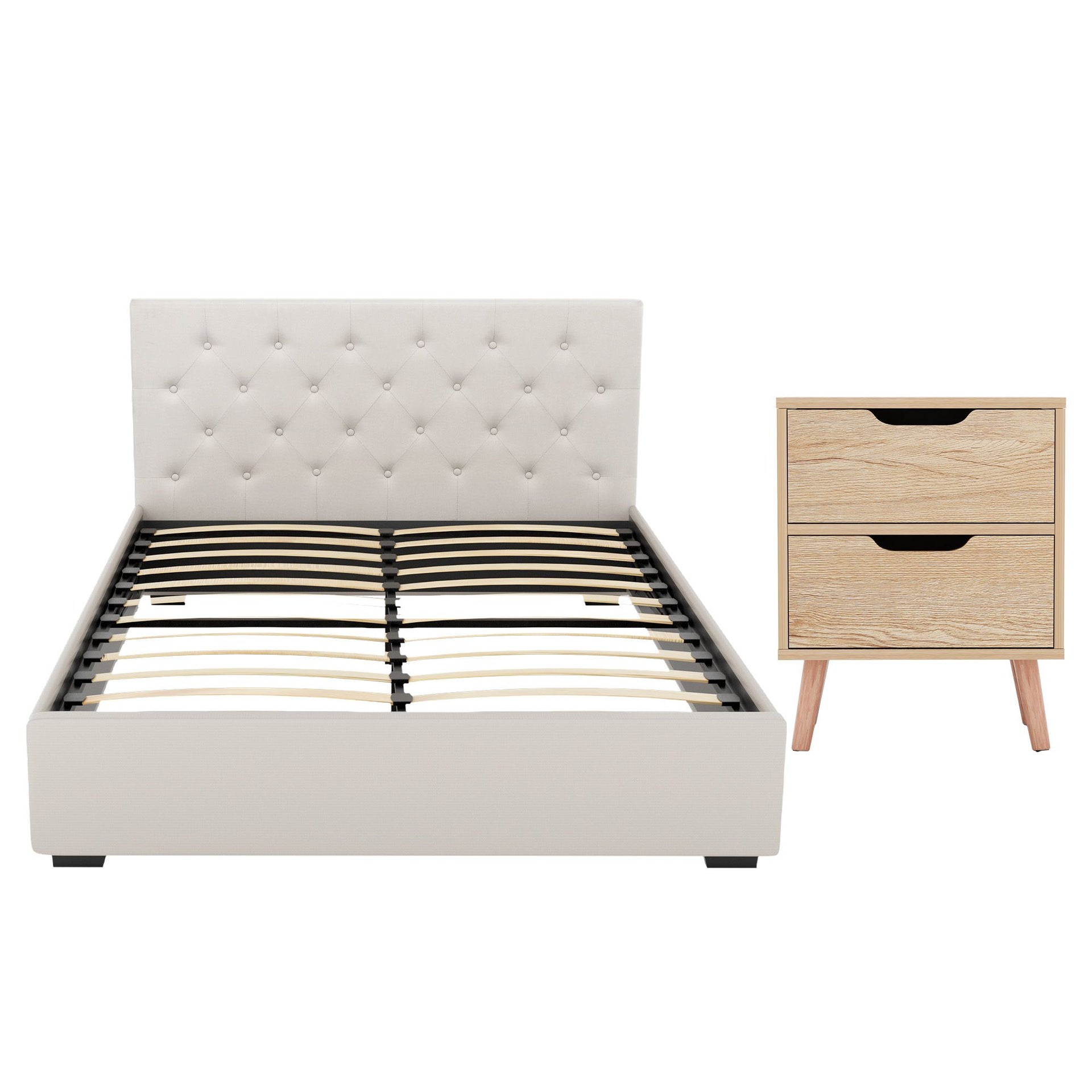 Artiss Double Bed Frame with Storage and Bedside Table Set Tufted Linen Gas Lift Bed Base and 2-Drawer Nightstand Awezingly