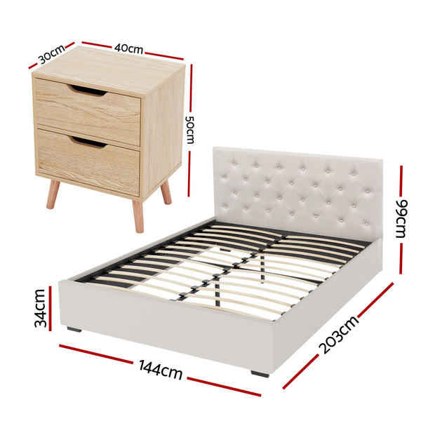 Artiss Double Bed Frame with Storage and Bedside Table Set Tufted Linen Gas Lift Bed Base and 2-Drawer Nightstand Awezingly