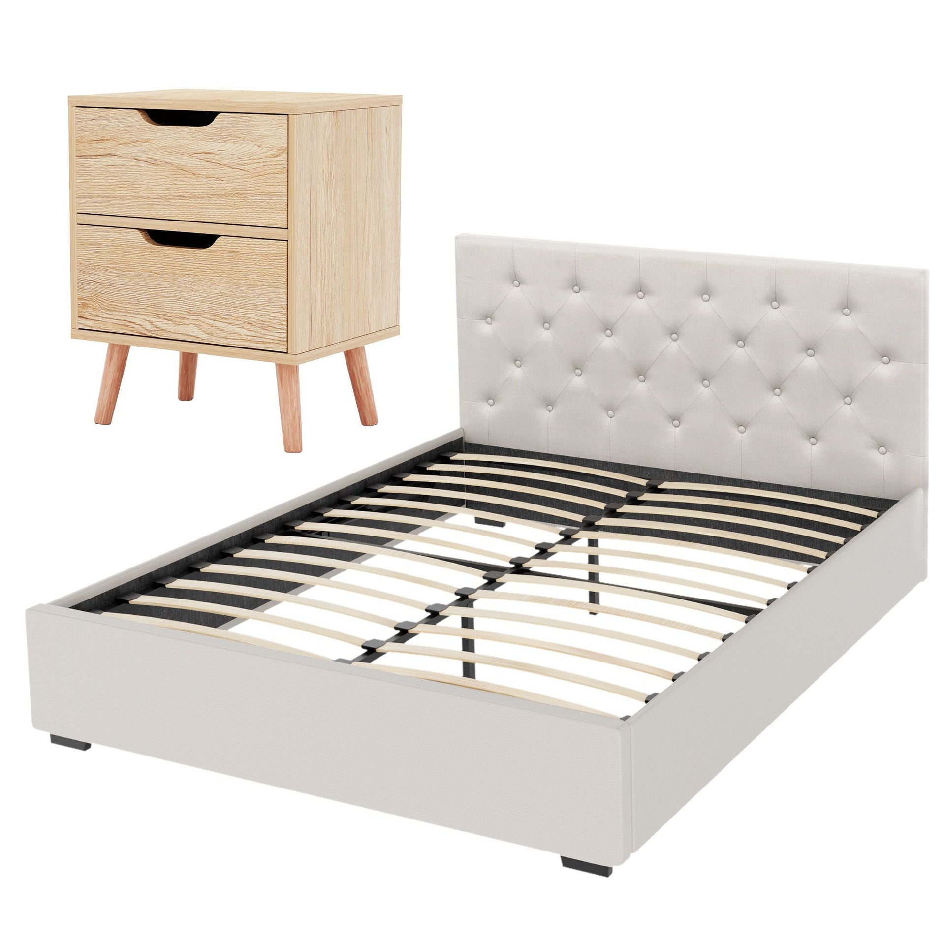Artiss Double Bed Frame with Storage and Bedside Table Set Tufted Linen Gas Lift Bed Base and 2-Drawer Nightstand Awezingly