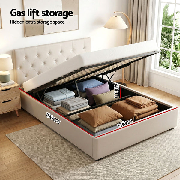 Artiss Double Bed Frame with Storage and Bedside Table Set Tufted Linen Gas Lift Bed Base and 2-Drawer Nightstand Awezingly