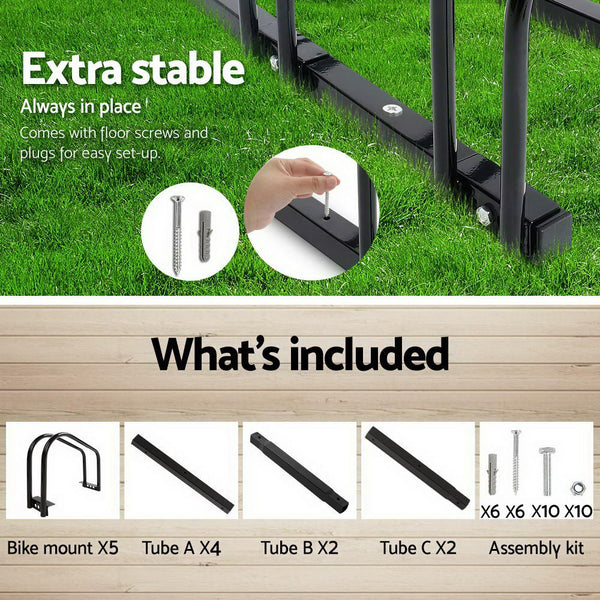 Weisshorn 5 Bike Stand Rack Bicycle Storage Floor Parking Holder Cycling Black Weisshorn