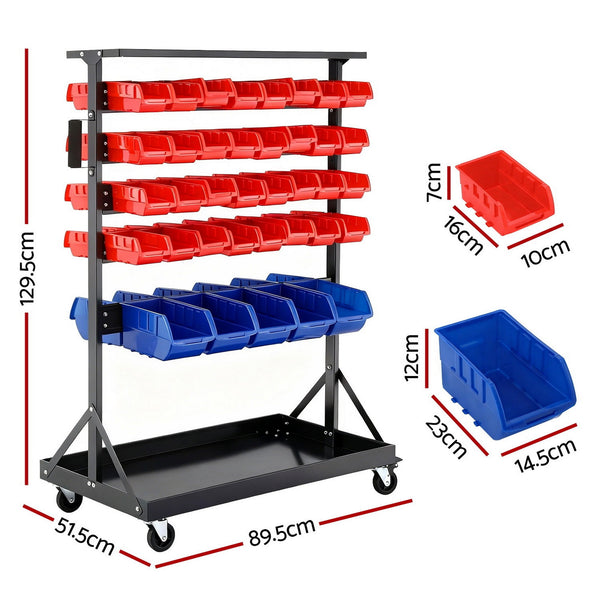 Giantz 74 Bins Storage Rack Double Sided Mobile Garage Workshop Tools Organizer Awezingly