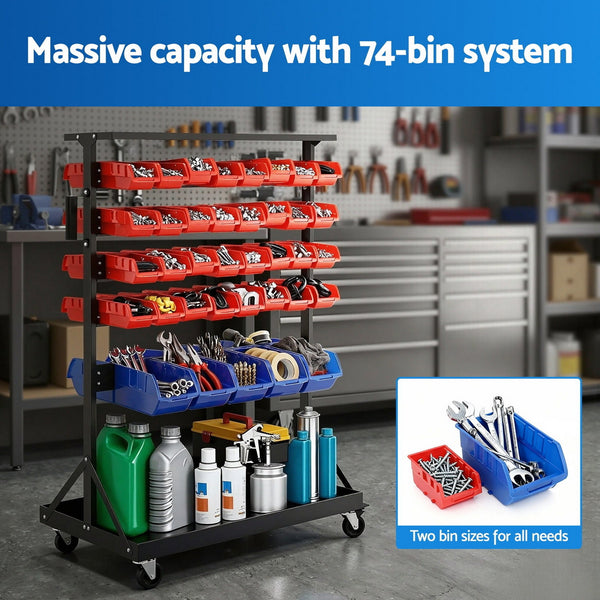 Giantz 74 Bins Storage Rack Double Sided Mobile Garage Workshop Tools Organizer Awezingly