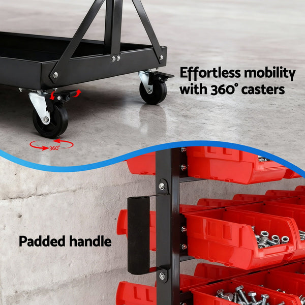 Giantz 74 Bins Storage Rack Double Sided Mobile Garage Workshop Tools Organizer Awezingly