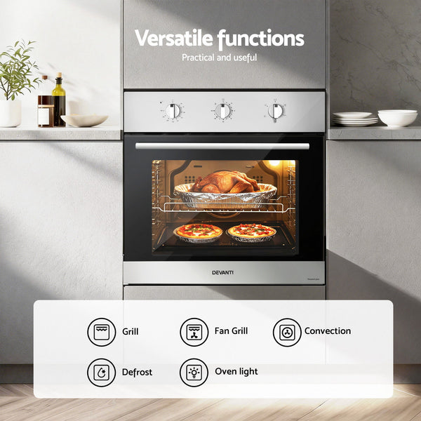 Devanti 60cm Electric Built In Wall Oven Stainless Steel 70L Silver Awezingly