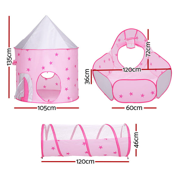 Keezi Kids Playhouse Play Tent Pop Up Castle Crawl Tunnel Basketball Hoop Pink Keezi