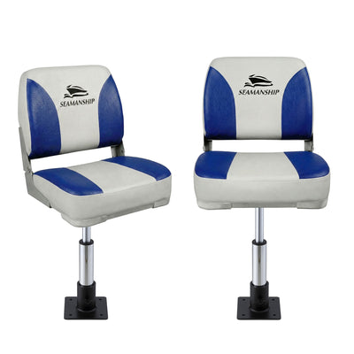 Seamanship 2X Folding Boat Seats with 2X Adjustable Pedestals 34–46cm Marine Swivel Low Back 13cm Padding White Blue