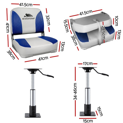 Seamanship 2X Folding Boat Seats with 2X Adjustable Pedestals 34–46cm Marine Swivel Low Back 13cm Padding White Blue