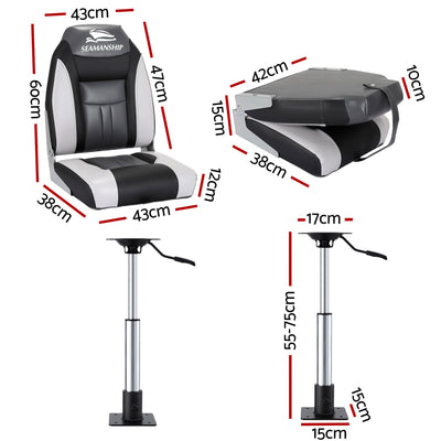 Seamanship 2X Folding Boat Seats with 2X Adjustable Pedestals 55–75cm Marine Seat Swivel High Back 12cm Padding Black