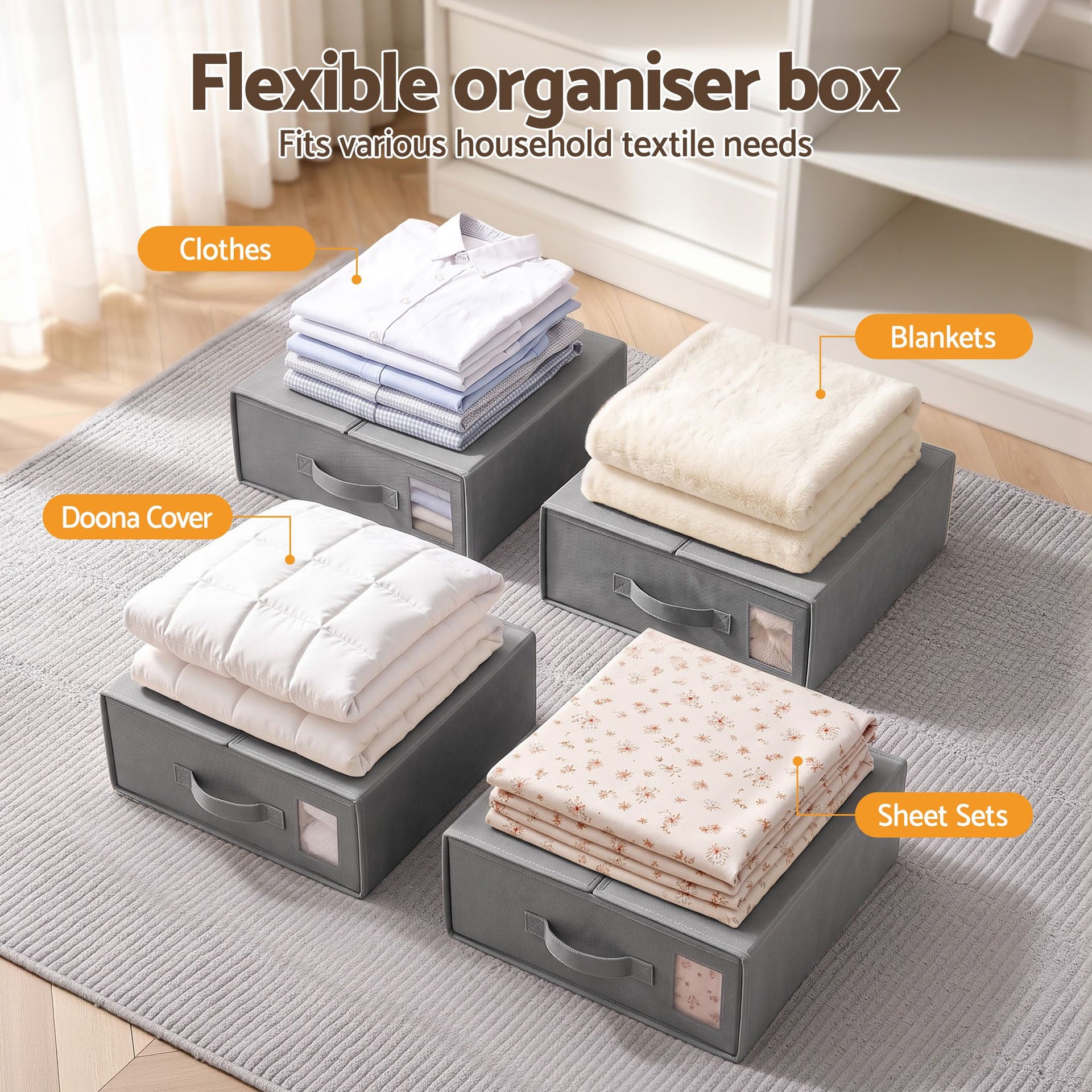 Artiss Bed Sheet Organisers Box Set 8Pcs Storage King Size Bedding Foldable Grey Awezingly