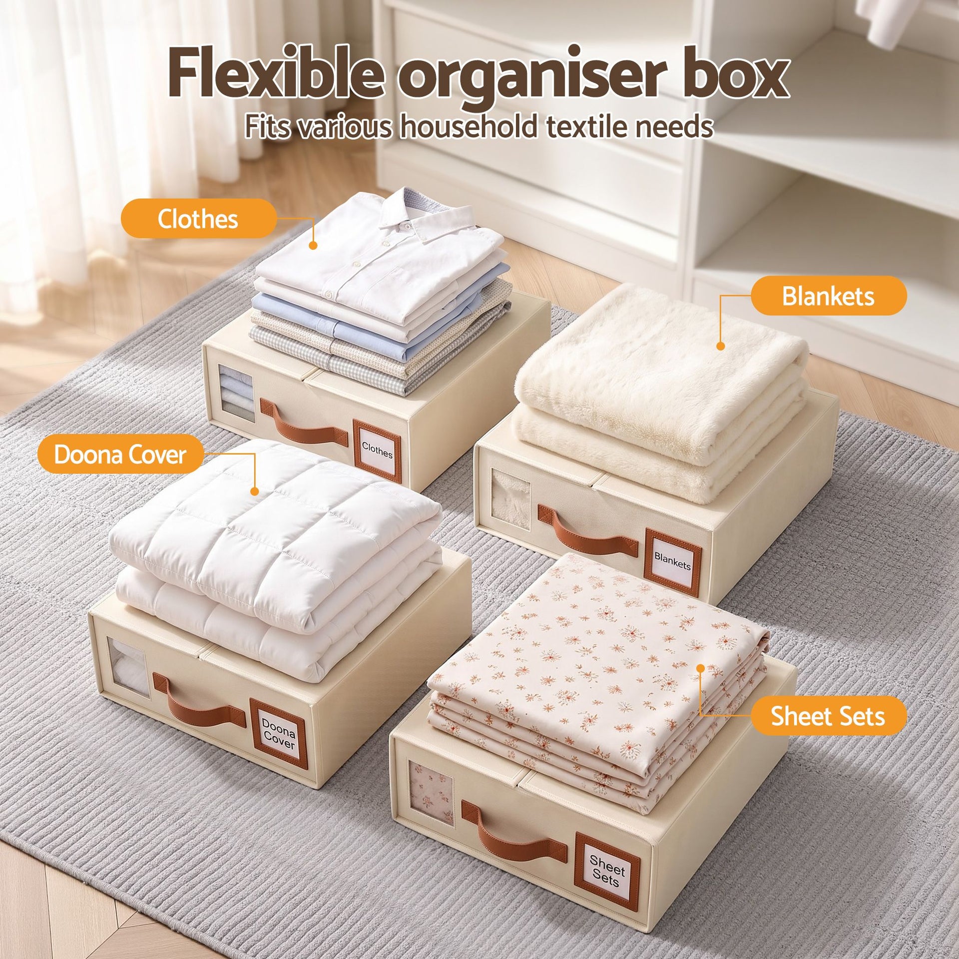 Artiss Bed Sheet Organisers Box 4Pcs Storage King Size Bedding Foldable Beige Awezingly