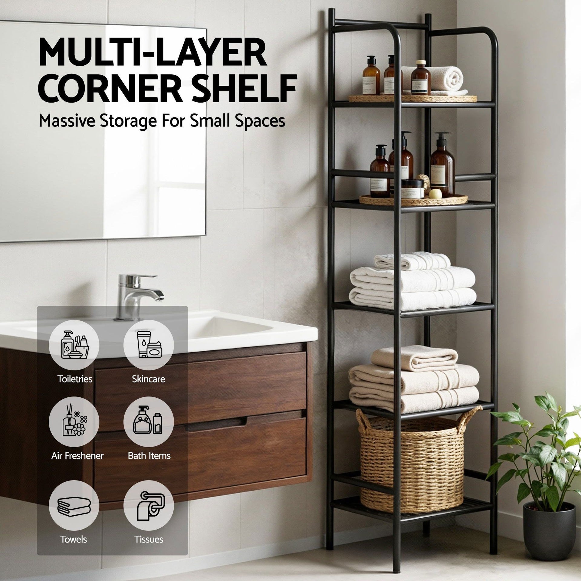 Artiss 2X Floor Standing Corner Shower Caddy 5 Tier Bathroom Organizer Black Awezingly