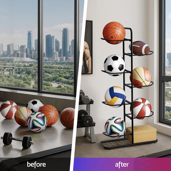 Everfit Ball Storage Rack Sports Equipment Organizer 7-Tier Holder for Garage Gym Black Awezingly