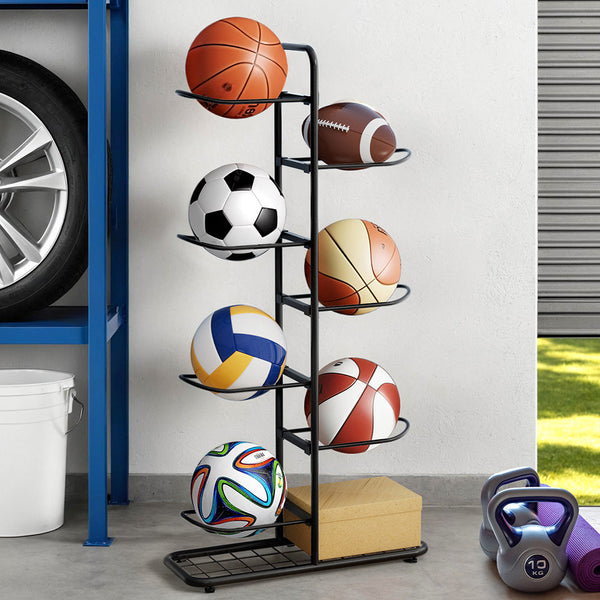 Everfit Ball Storage Rack Sports Equipment Organizer 7-Tier Holder for Garage Gym Black Awezingly