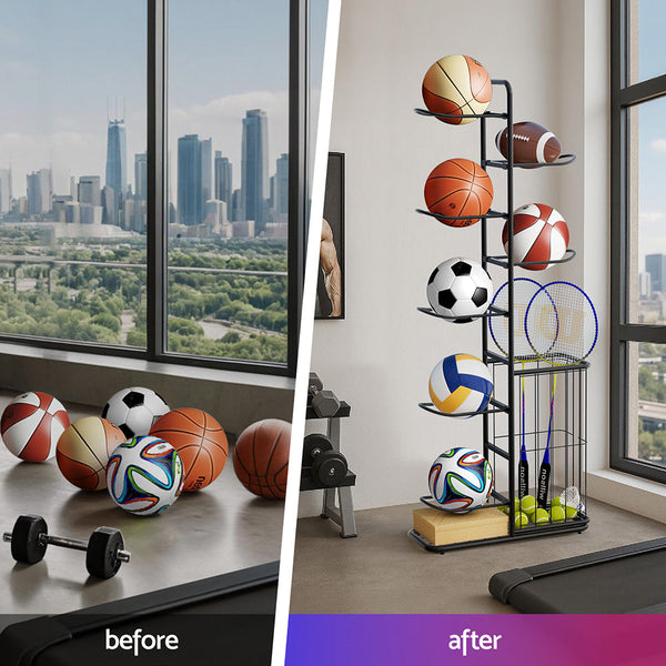 Everfit Ball Storage Rack Sports Equipment Organizer 7-Tier with Basket for Garage Gym Black Awezingly