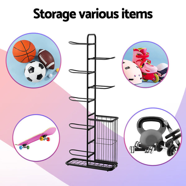 Everfit Ball Storage Rack Sports Equipment Organizer 7-Tier with Basket for Garage Gym Black Awezingly