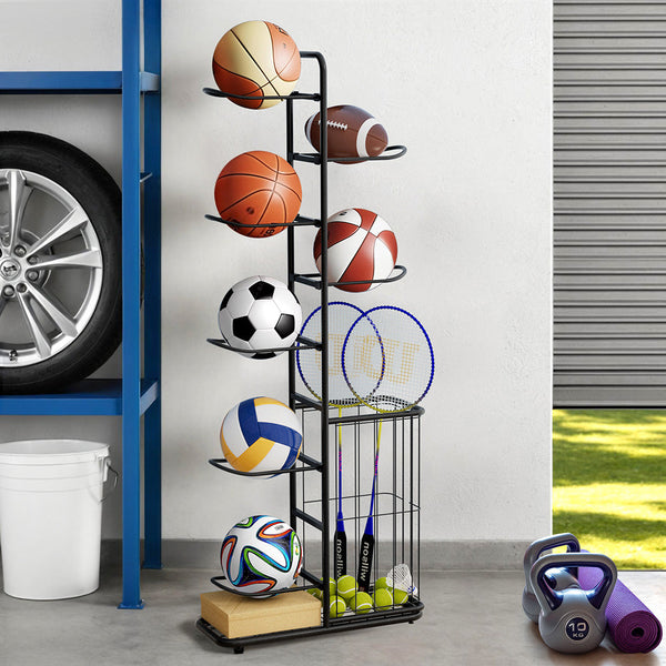 Everfit Ball Storage Rack Sports Equipment Organizer 7-Tier with Basket for Garage Gym Black Awezingly