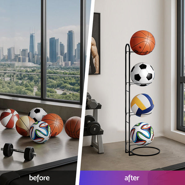 Everfit Ball Storage Rack Sports Equipment Organizer 4-Tier Holder for Garage Gym Black Awezingly