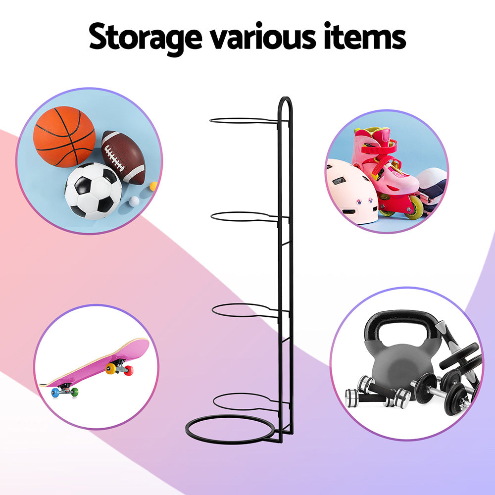 Everfit Ball Storage Rack Sports Equipment Organizer 4-Tier Holder for Garage Gym Black Awezingly