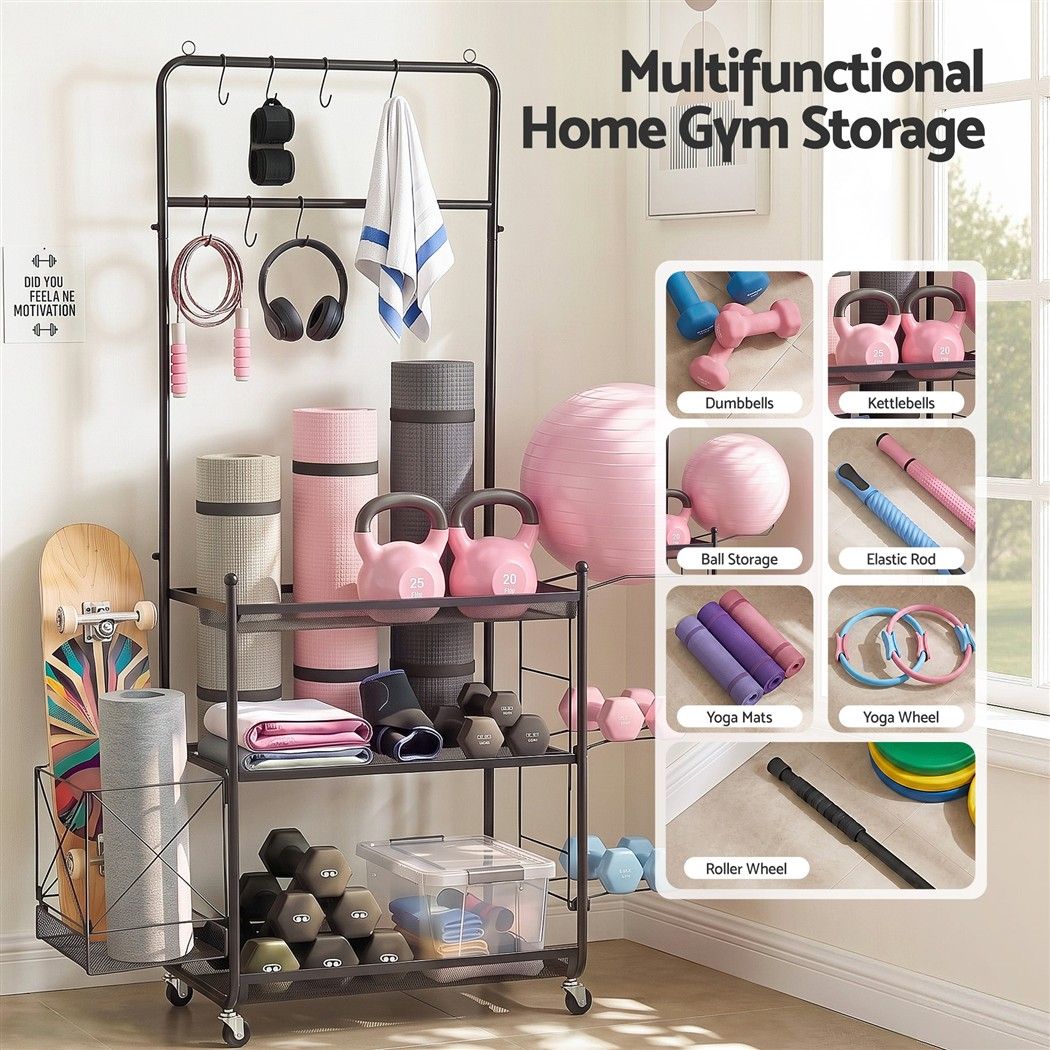 Everfit Yoga Mat Ball Storage Cart Multifunction Equipment Organizer Rack 145cm Awezingly
