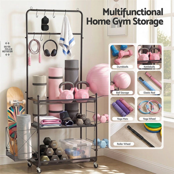 Everfit Yoga Mat Ball Storage Cart Multifunction Equipment Organizer Rack 145cm Awezingly