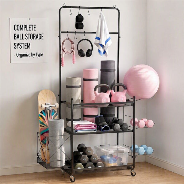 Everfit Yoga Mat Ball Storage Cart Multifunction Equipment Organizer Rack 145cm Awezingly