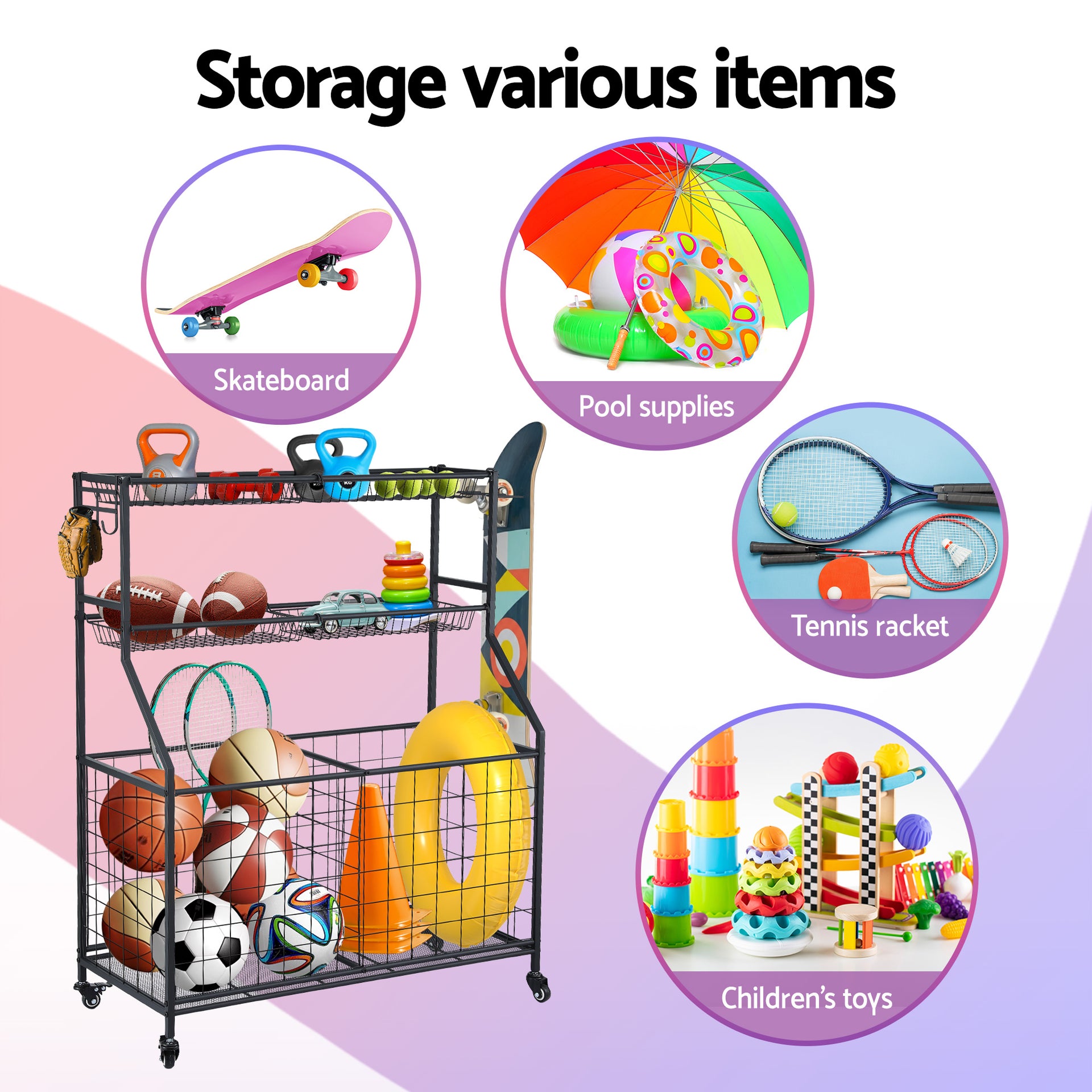 Everfit Sports Equipment Organizer Storage with Wheels Multi-Sport Garage Gym Black Awezingly