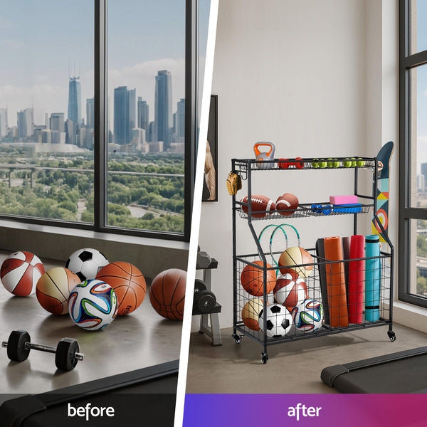 Everfit Sports Equipment Organizer Storage with Wheels Multi-Sport Garage Gym Black Awezingly