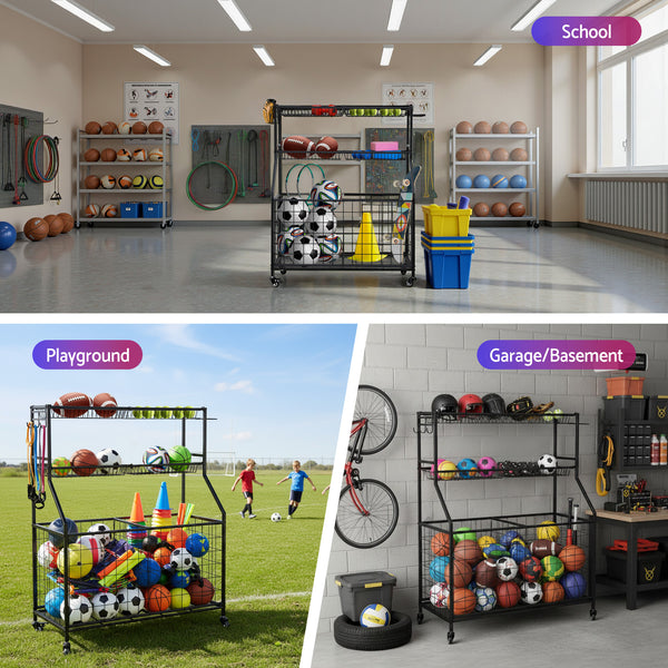 Everfit Sports Equipment Organizer Storage with Wheels Multi-Sport Garage Gym Black Awezingly