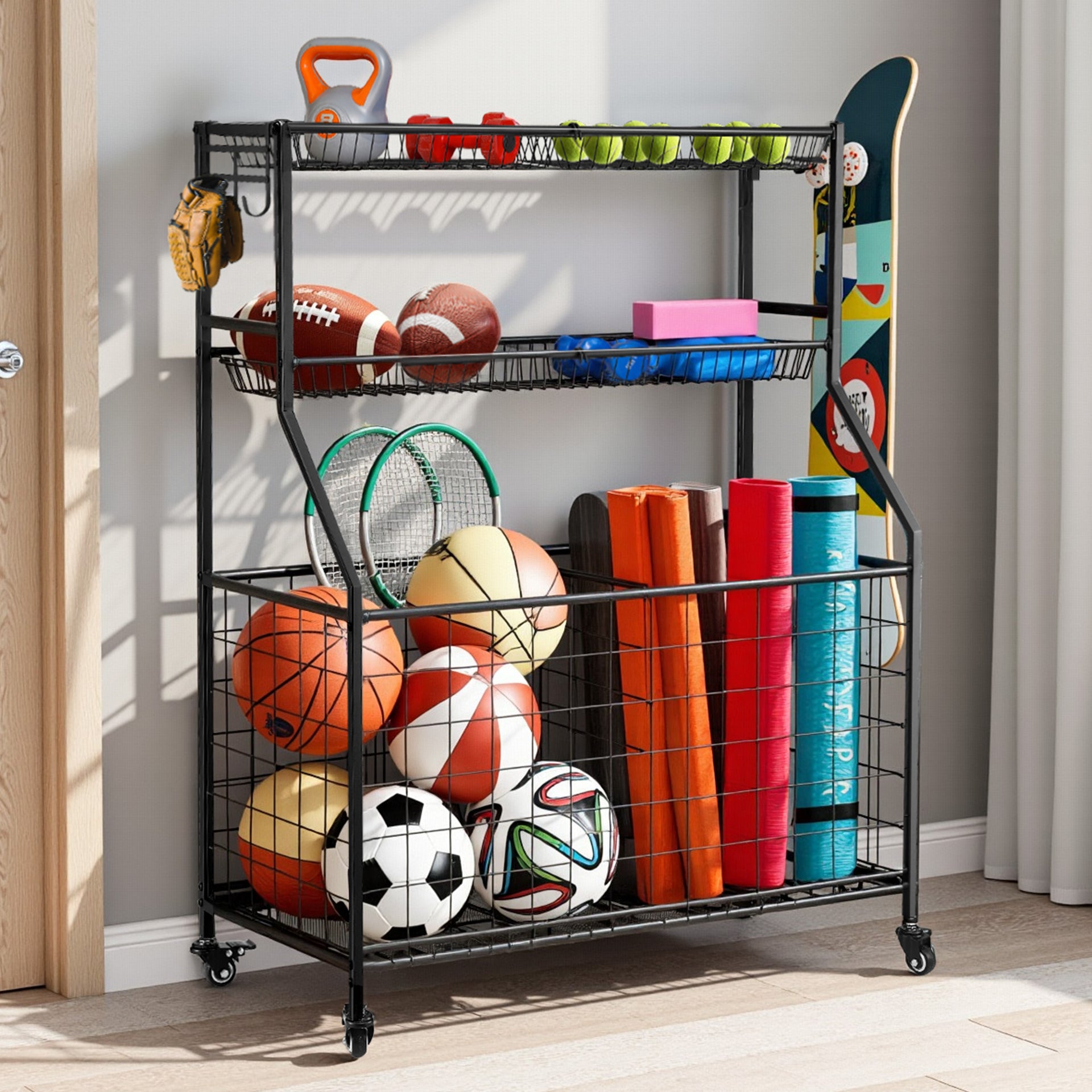 Everfit Sports Equipment Organizer Storage with Wheels Multi-Sport Garage Gym Black Awezingly
