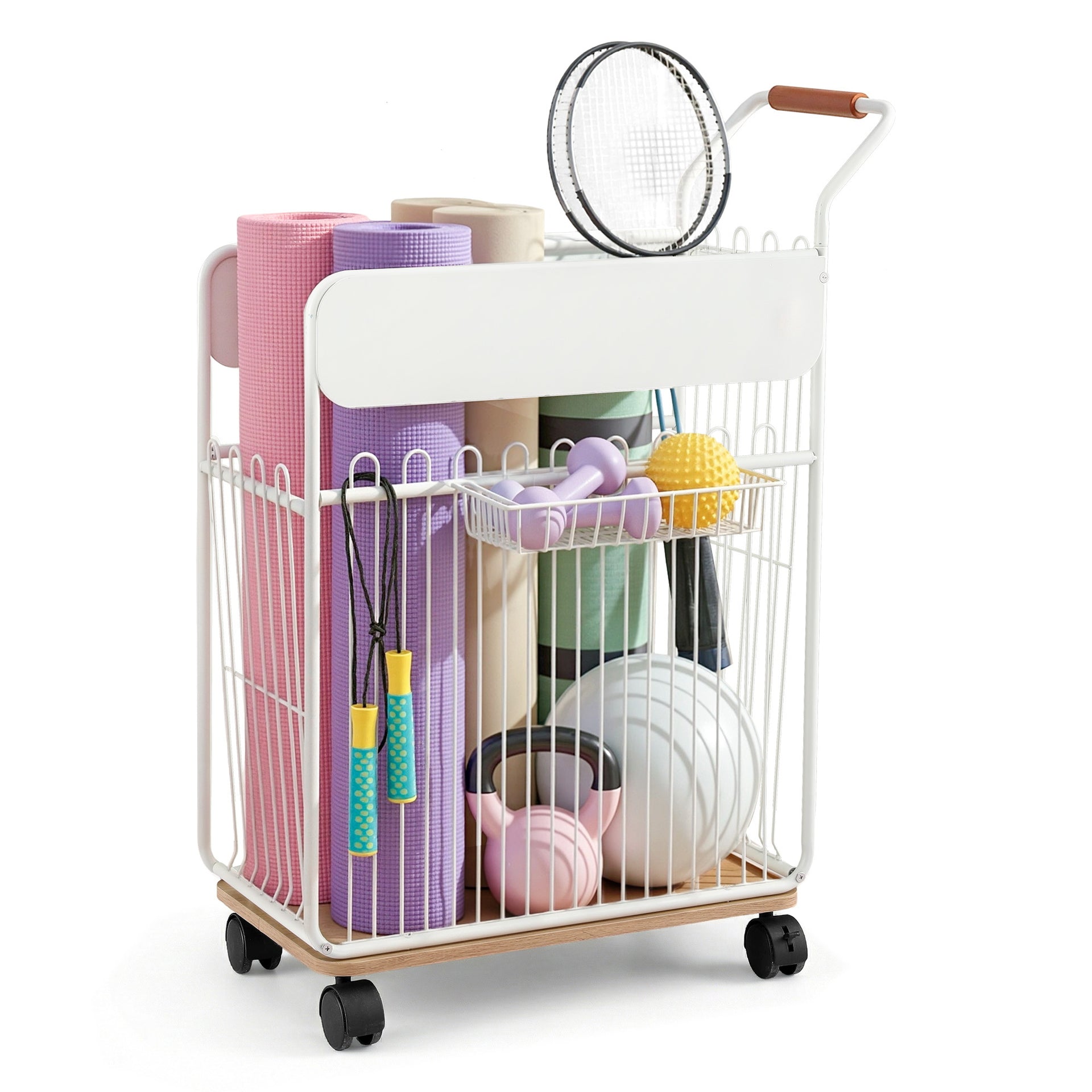 Everfit Yoga Mat Storage Rack Mobile Holder with Wheels Basket Home Gym Storage Organizer White Awezingly