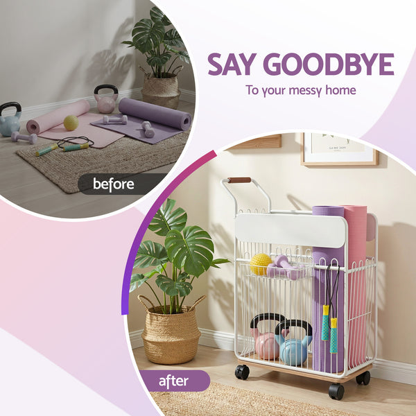 Everfit Yoga Mat Storage Rack Mobile Holder with Wheels Basket Home Gym Storage Organizer White Awezingly