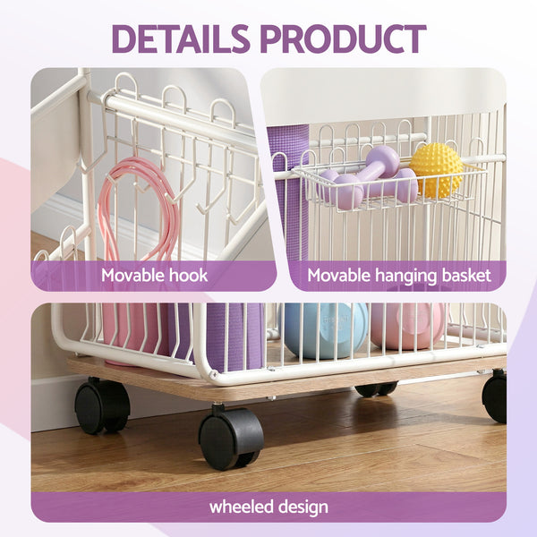 Everfit Yoga Mat Storage Rack Mobile Holder with Wheels Basket Home Gym Storage Organizer White Awezingly