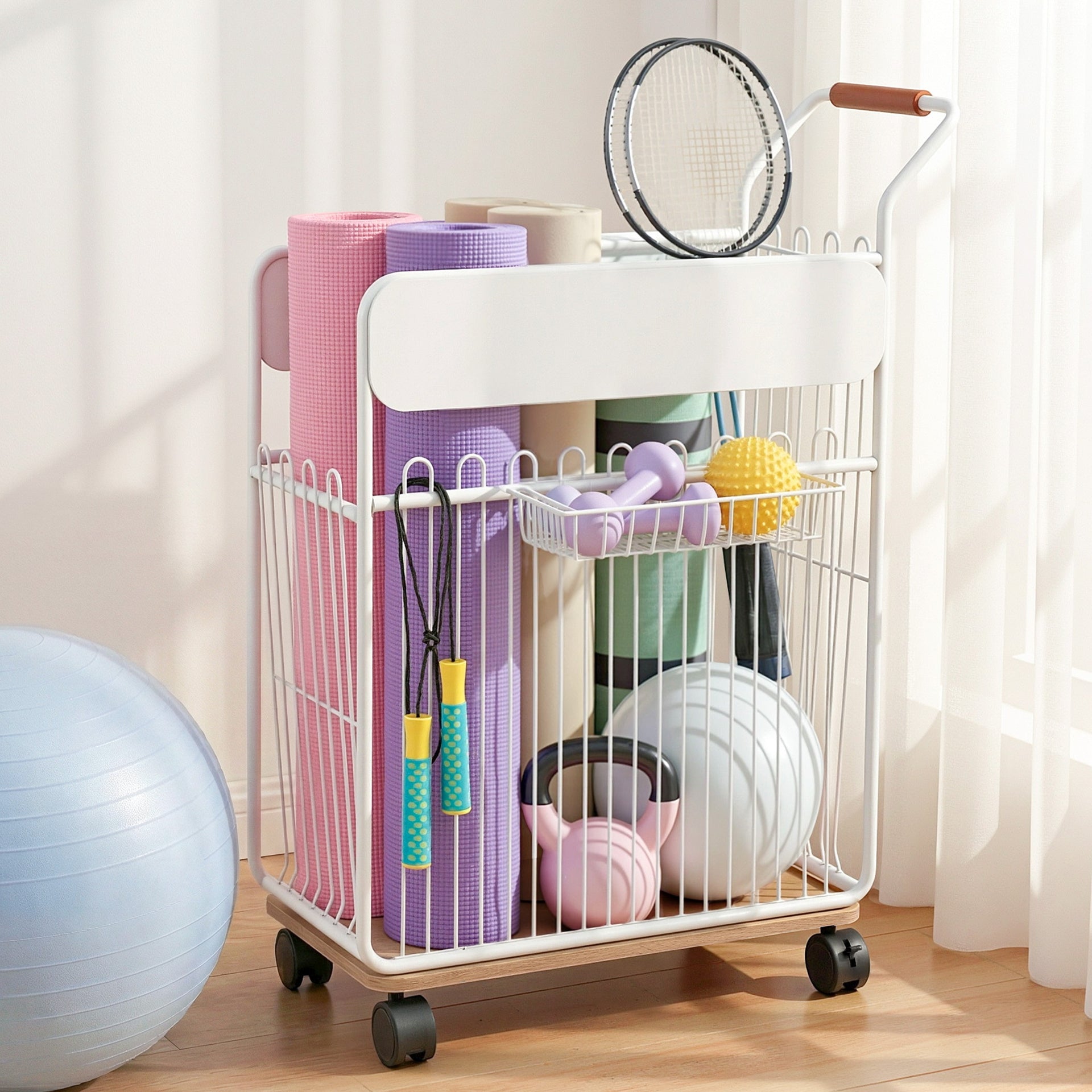 Everfit Yoga Mat Storage Rack Mobile Holder with Wheels Basket Home Gym Storage Organizer White Awezingly