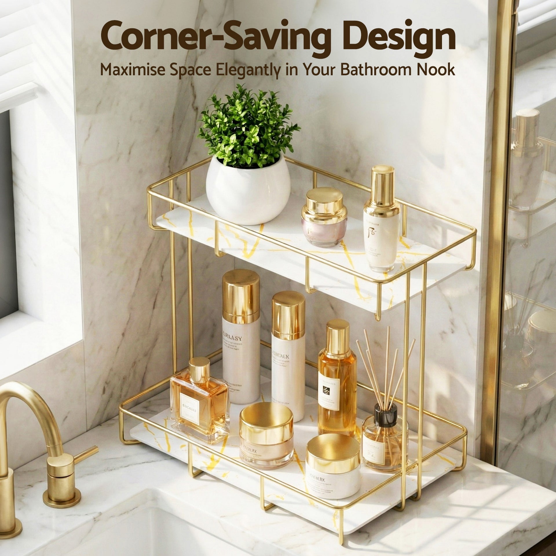 Artiss Bathroom Storage Rack 2 Tier Corner Organiser Gold Marble Look Awezingly
