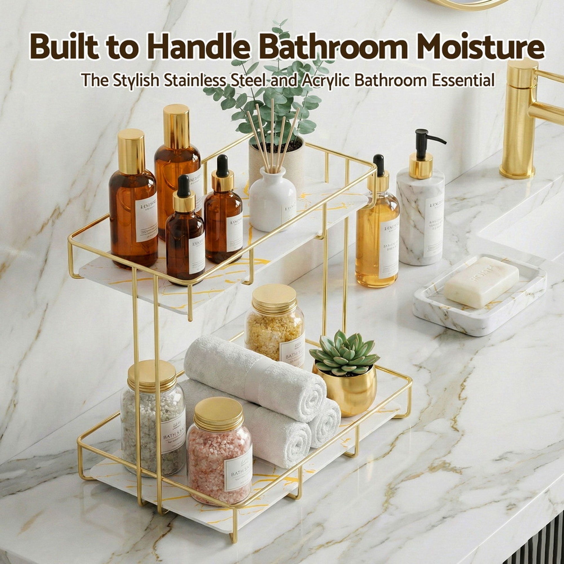 Artiss 2X Bathroom Storage Rack 2 Tier Corner Organiser Gold Marble Look Awezingly