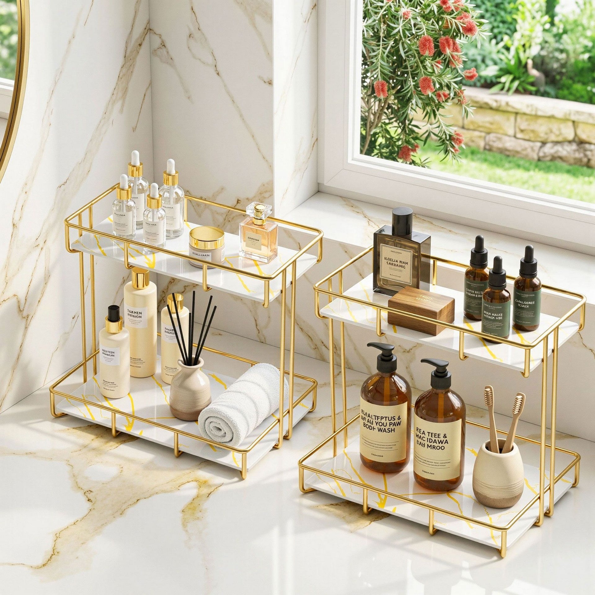 Artiss 2X Bathroom Storage Rack 2 Tier Corner Organiser Gold Marble Look Awezingly