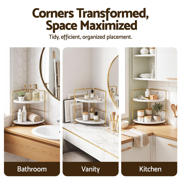 Artiss Bathroom Corner Shelf Countertop Organiser Vanity Storage Rack White Gold Awezingly