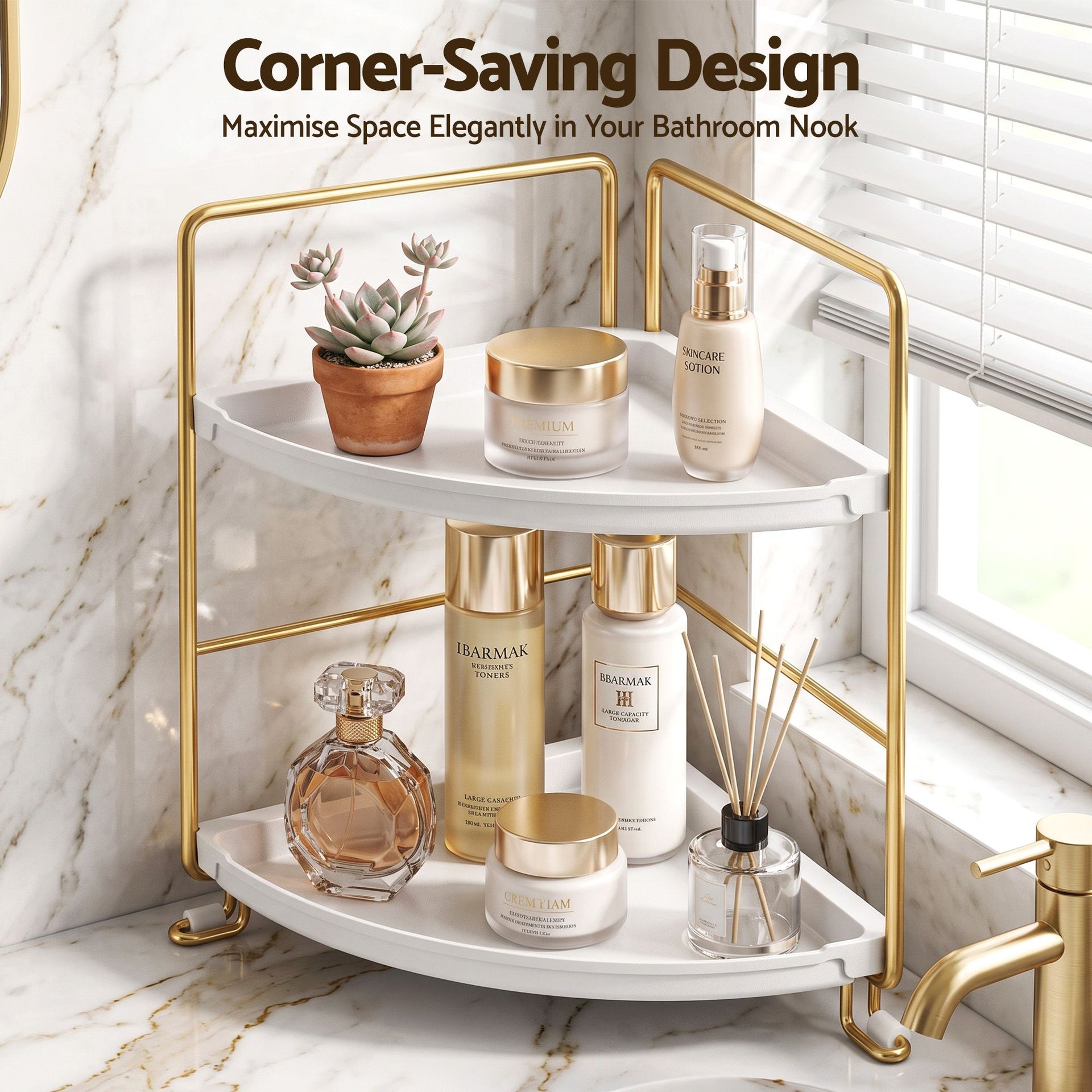Artiss Bathroom Corner Shelf Countertop Organiser Vanity Storage Rack White Gold Awezingly