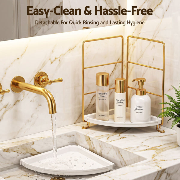 Artiss Bathroom Corner Shelf Countertop Organiser Vanity Storage Rack White Gold Awezingly
