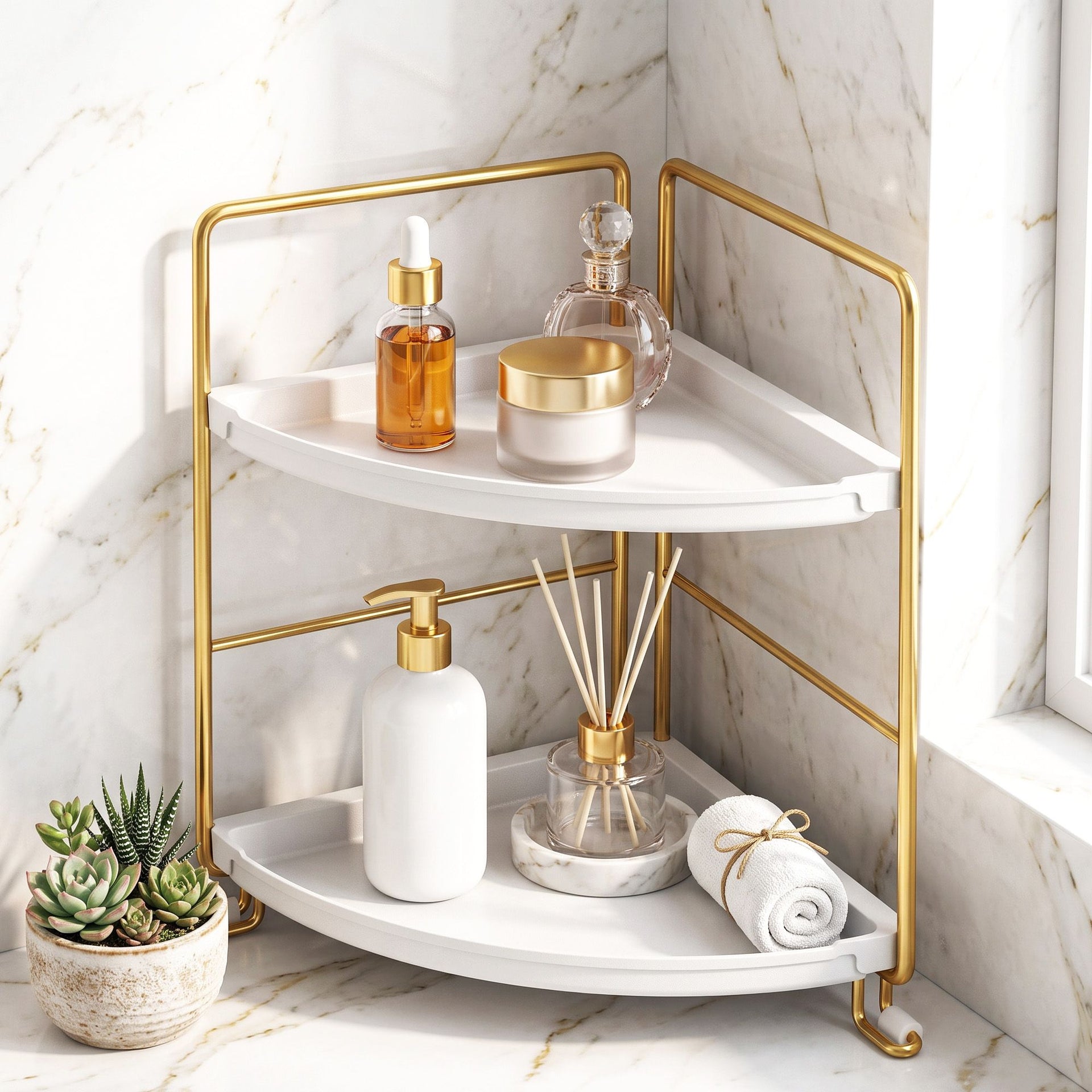 Artiss Bathroom Corner Shelf Countertop Organiser Vanity Storage Rack White Gold Awezingly