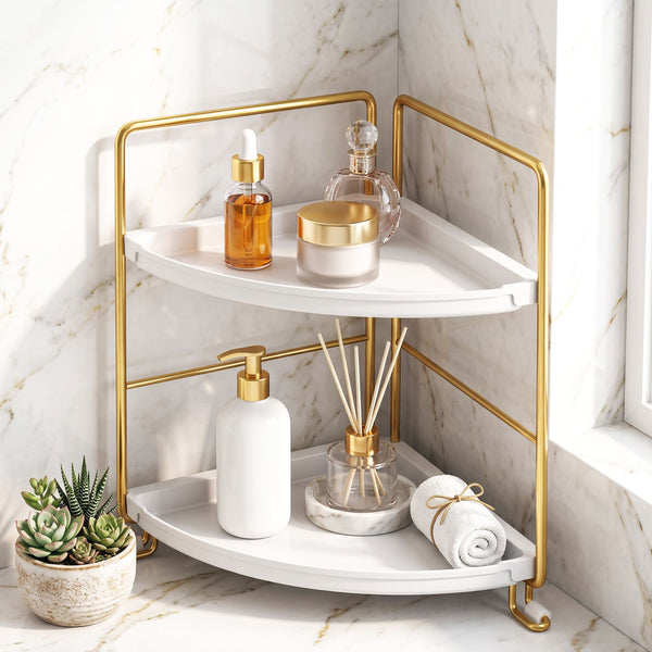Artiss Bathroom Corner Shelf Countertop Organiser Vanity Storage Rack White Gold Awezingly
