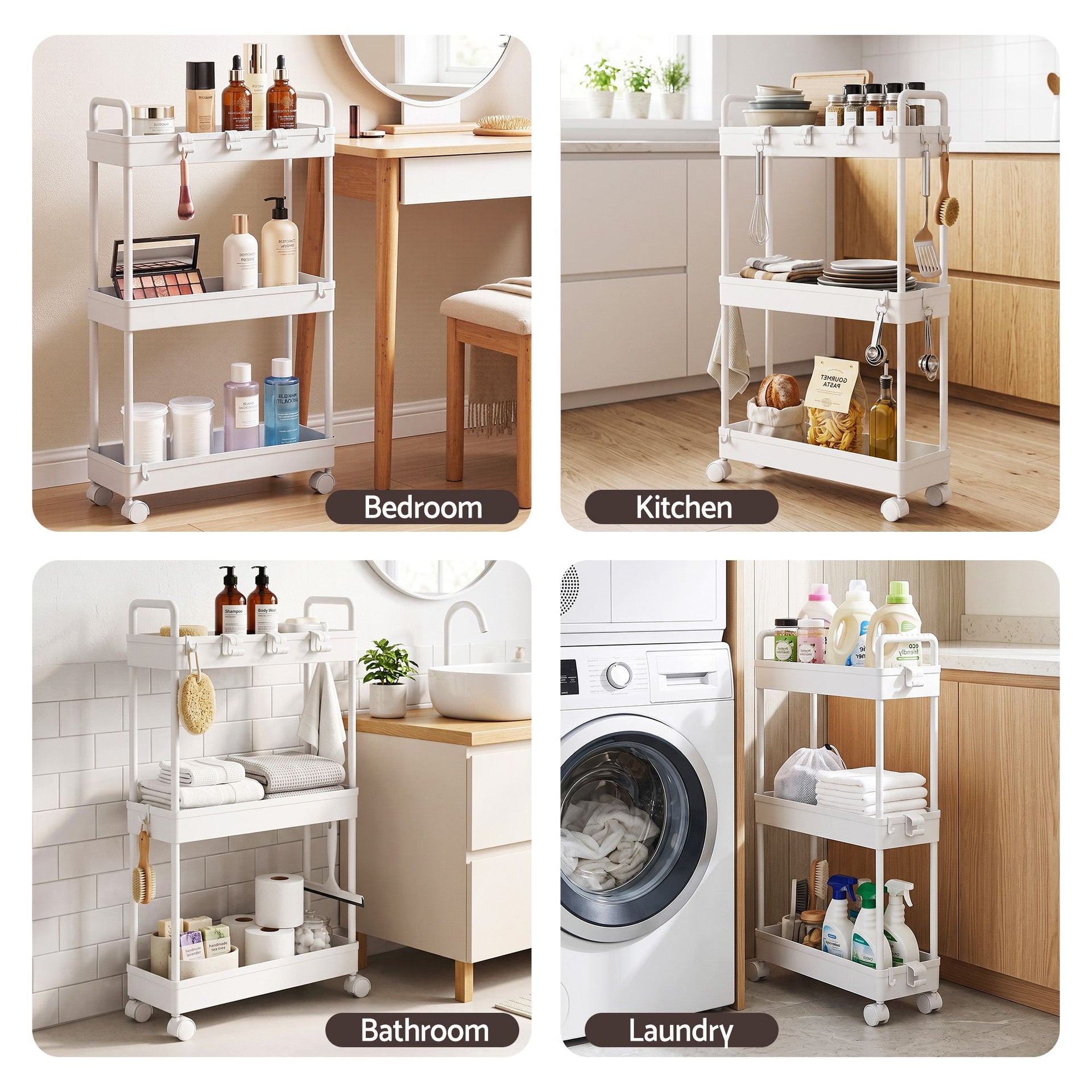 Artiss 3 Tier Slim Storage Trolley Narrow Utility Organiser Rack White Awezingly