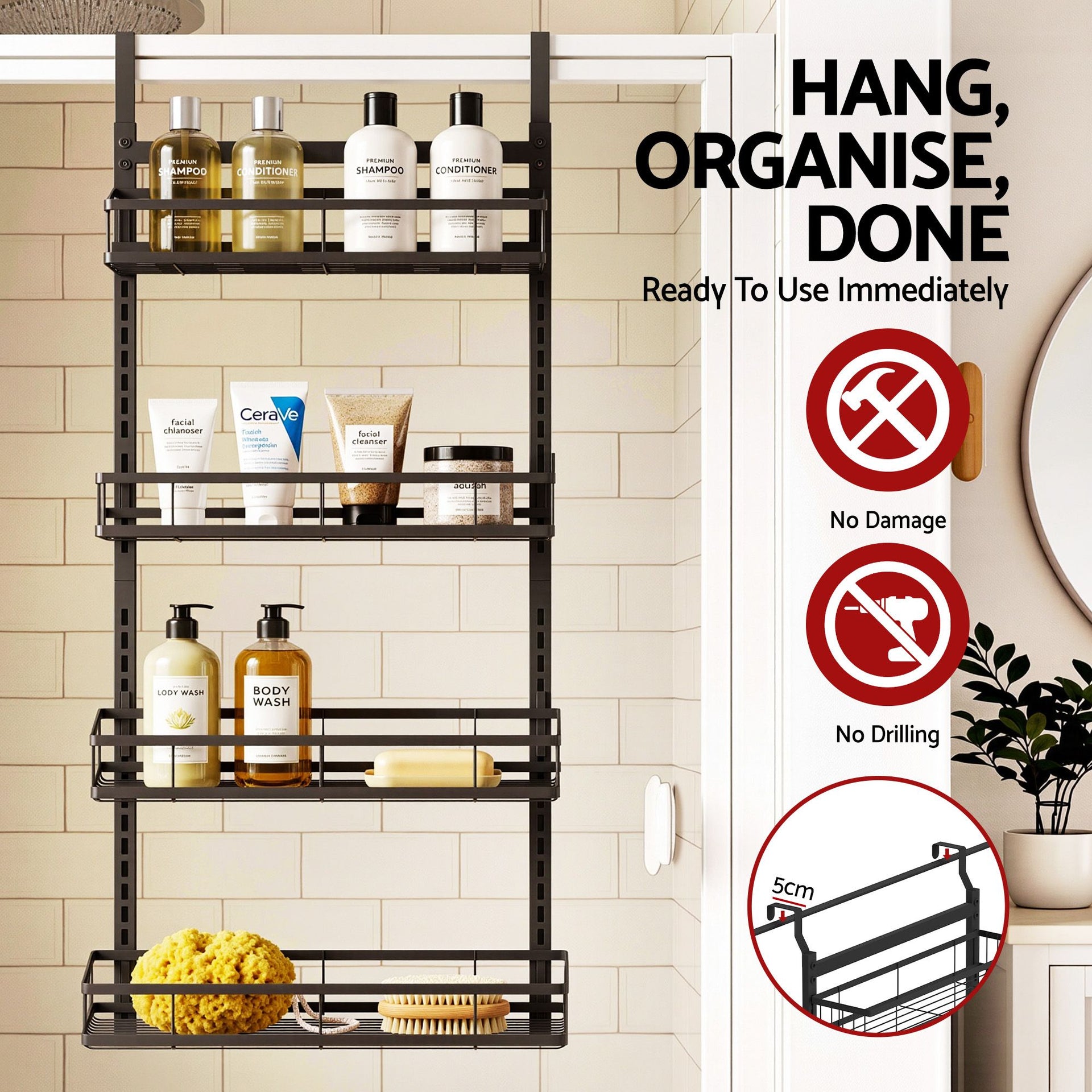 Artiss Over Door Bathroom Rack Hanging Organiser 4 Tier No Drill 91cm Black Awezingly
