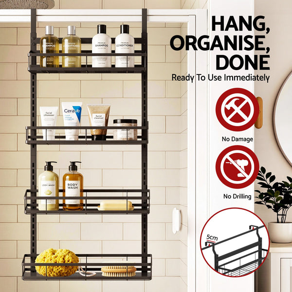 Artiss Over Door Bathroom Rack Hanging Organiser 4 Tier No Drill 91cm Black Awezingly